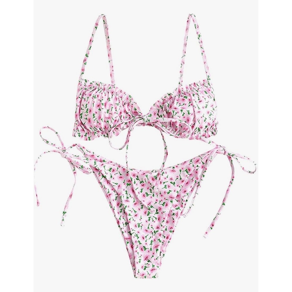 Zaful Pink Floral‎ Ruffle Bikini Set Side Tie High Cut Swimsuit Womens Size S